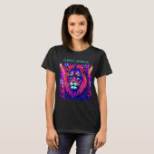 ネオンライオン パーティーアニマル - カラフルレトログラフィック Tシャツ (正面フル)