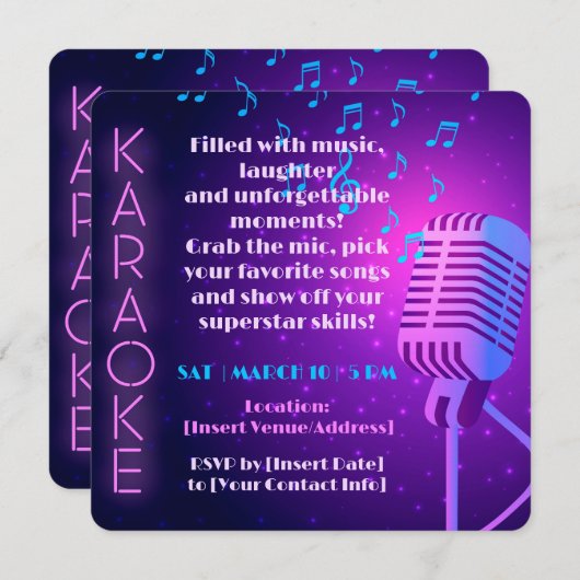ネオンライトとマイク カラオケパーティー 招待状 (正面/裏面)