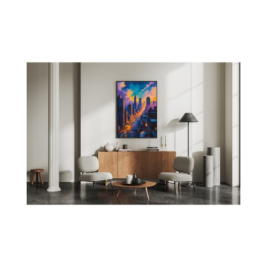 ネオンライトと夕暮れ時のムーディシティスケープ フォトプリント           