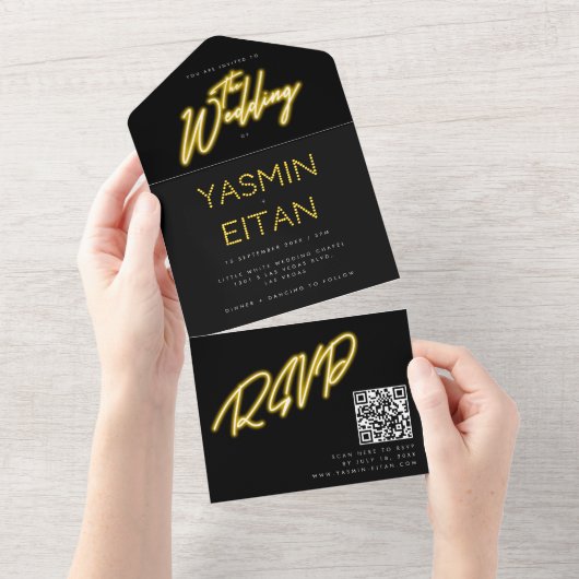 ネオンライトイエローブラックQRコー結婚ド オールインワン招待状 (貼ってはがせる)
