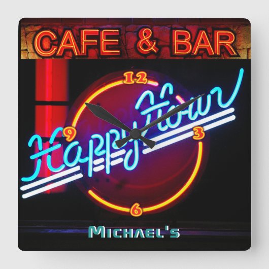 ネオンライトバーカフェパーソナライズされたサインマンケーブ スクエア壁時計 (正面)