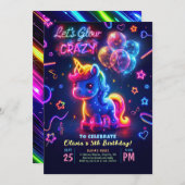 ネオンライト白熱［赤熱］光を放つおもしろいユニコーン誕生日 招待状 (正面/裏面)