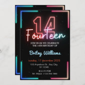 ネオンライト14番目の誕生日招待状 招待状 (正面/裏面)