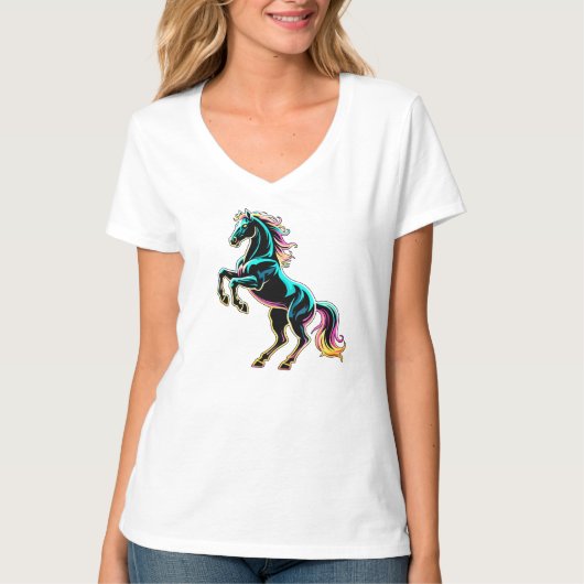 ネオンライト グリッチ レトロスタイル 馬 Tシャツ (正面)