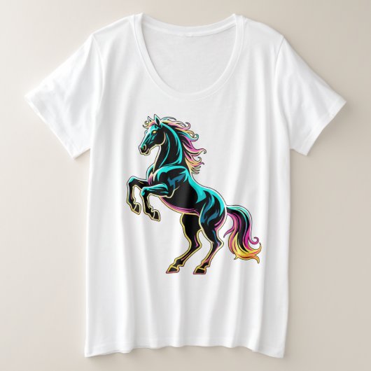ネオンライト グリッチ レトロ風 馬 プラスサイズTシャツ (デザイン正面)