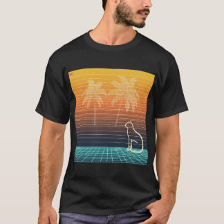 ネオンラインアートの猫とヤシの木 Tシャツ