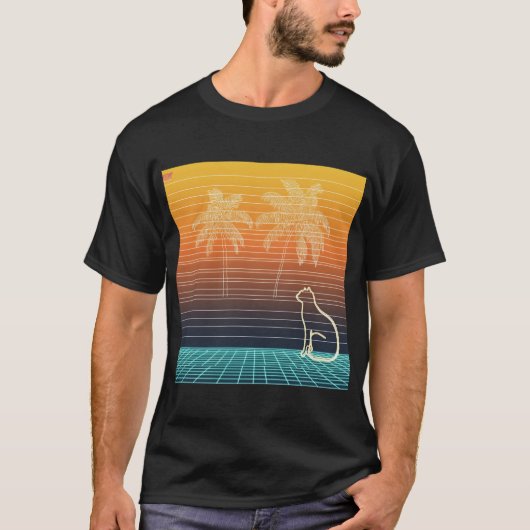 ネオンラインアートの猫とヤシの木 Tシャツ (正面)