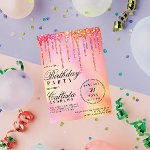 ネオンレインボーホログラフィックグリッタードリップ誕生日 招待状