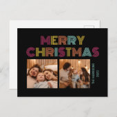 ネオンレインボーレトロクリスマスホリデーズフォトブラック ポストカード (正面/裏面)