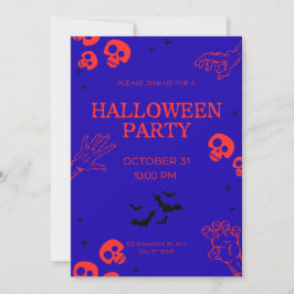 ネオンレッドスカルパープルハロウィンパーティー招待状 招待状