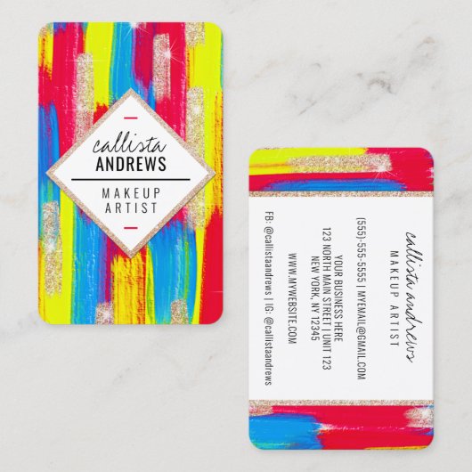 ネオンレッドブルーイエロー金ゴールド絵を描グリッターメイクアップ 名刺 (正面/裏面)