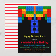 ネオンレッド建物ブロック8番目の誕生日招待状
