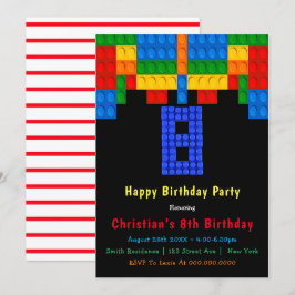 ネオンレッド建物ブロック8番目の誕生日招待状