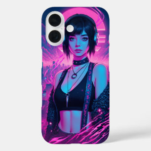 ネオンレトロサイバーパンクロックガールポスター iPhone 16ケース
