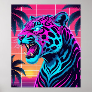 ネオンレトロジャガー鮮やか- Synthwave 80s Animal D ポスター