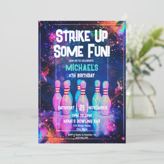 ネオンレトロボーリングいくつかのおもしろいパーティーを取り上げる 招待状 (スタンド正面)