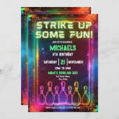 ネオンレトロボーリングいくつかのおもしろいパーティーを取り上げる 招待状 (正面/裏面)