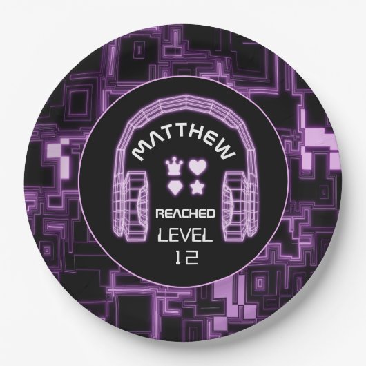 ネオンレベルアップゲームキッドボーイゲーマーバースデーパーティー ペーパープレート (正面)