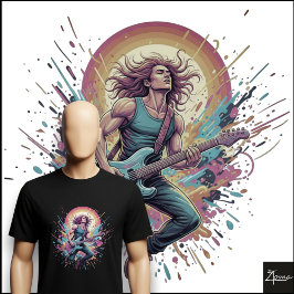 ネオンロックギタリストのジャンプペイントスプラッター Tシャツ