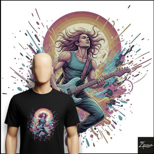 ネオンロックギタリストのジャンプペイントスプラッター Tシャツ