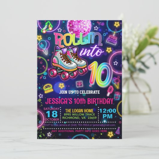 ネオンローラスケート10誕生日招待状 招待状 (スタンド正面)