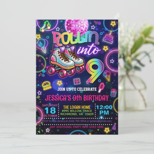ネオンローラスケート9誕生日招待状 招待状 (スタンド正面)