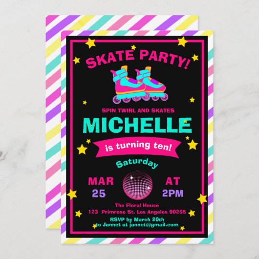 ネオンローラースケートで滑るの黒板の虹の誕生日 招待状 (正面/裏面)