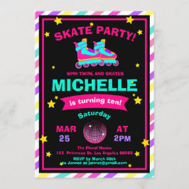ネオンローラースケートで滑るの黒板の虹の誕生日 招待状