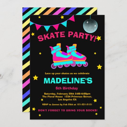 ネオンローラースケートシャルクボードディスコスターズ誕生日 招待状 (正面/裏面)