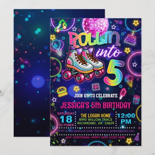 ネオンローラースケート5歳の誕生日招待状 招待状 (正面/裏面)