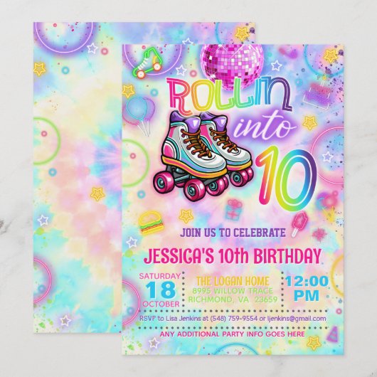 ネオンローラータイダイ スケート10歳の誕生日招待状 招待状 (正面/裏面)