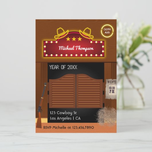 ネオンワイルドウエストカウボーイをテーマにした卒業パーティーインヴィ 招待状 (スタンド正面)