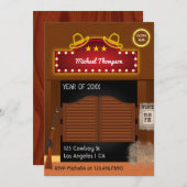 ネオンワイルドウエストカウボーイをテーマにした卒業パーティーインヴィ 招待状 (正面/裏面)