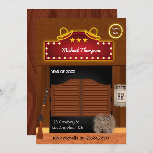 ネオンワイルドウエストカウボーイをテーマにした卒業パーティーインヴィ 招待状 (正面/裏面)