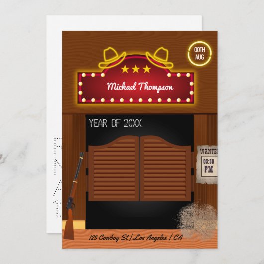 ネオンワイルドウエストカウボーイをテーマにした卒業パーティーインヴィ 招待状 (正面/裏面)