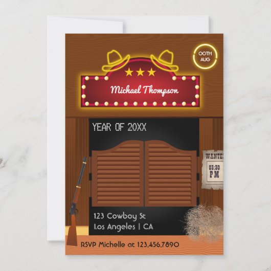 ネオンワイルドウエストカウボーイをテーマにした卒業パーティー 招待状 (正面)