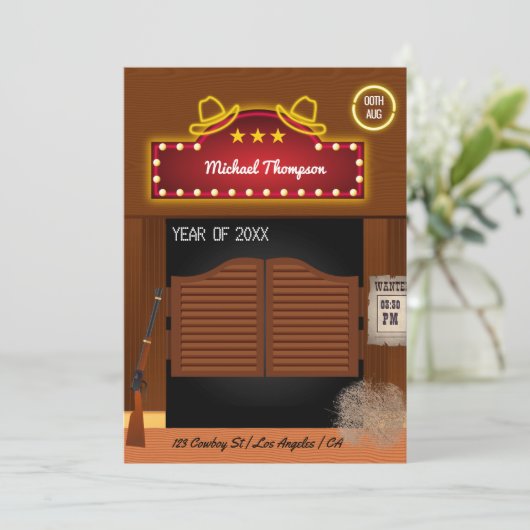 ネオンワイルドウエストカウボーイをテーマにした卒業パーティー 招待状 (スタンド正面)