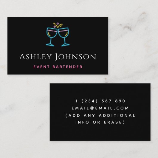 ネオンワインカクテルグラスイベントバーテンダーブラック 名刺 (正面/裏面)