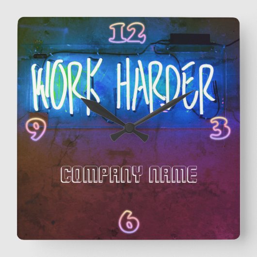 ネオンワークハードオフィススタッフルームパーソナライズされた スクエア壁時計 (正面)