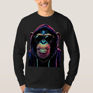 ネオンヴァイブ - フードとサングラスがおしゃれなチンパンジー Tシャツ