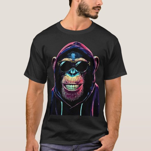 ネオンヴァイブ - フードとサングラスがおしゃれなチンパンジー Tシャツ (正面)