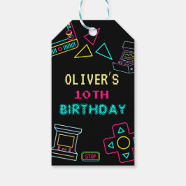 ネオン任意の年のビデオゲームのアーケード誕生日 ギフトタグ