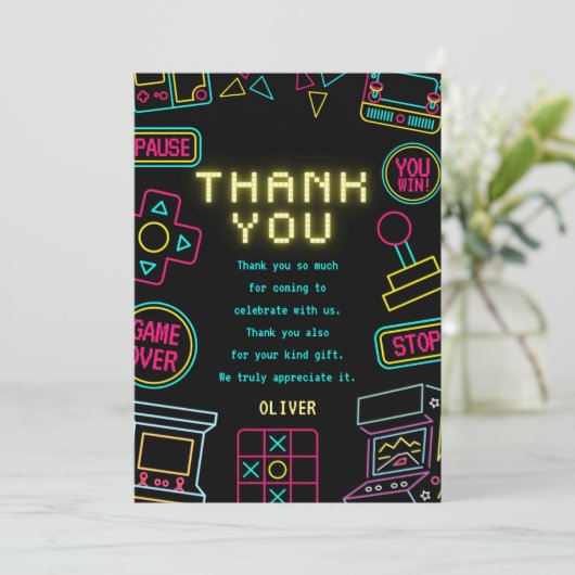 ネオン任意の年のビデオゲームのアーケード誕生日 サンキューカード (スタンド正面)