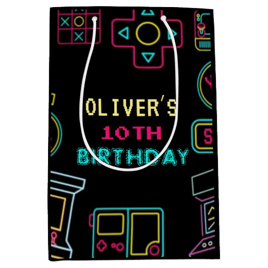 ネオン任意の年のビデオゲームのアーケード誕生日 ミディアムペーパーバッグ (正面)