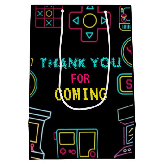 ネオン任意の年のビデオゲームのアーケード誕生日 ミディアムペーパーバッグ (裏面)