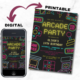 ネオン任意の年のビデオゲームのアーケード誕生日 招待状