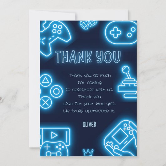ネオン任意の年のビデオゲームの誕生日 サンキューカード (正面)