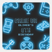 ネオン任意の年のビデオゲームの誕生日 スクエアシール (正面)