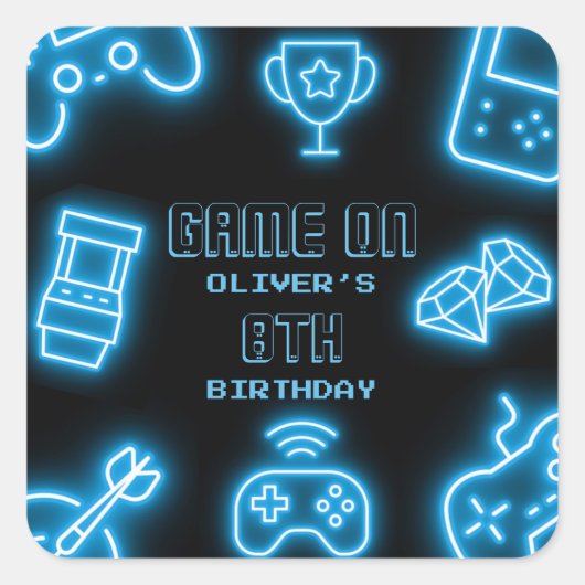 ネオン任意の年のビデオゲームの誕生日 スクエアシール (正面)