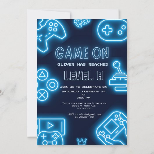 ネオン任意の年のビデオゲームの誕生日 招待状 (正面)